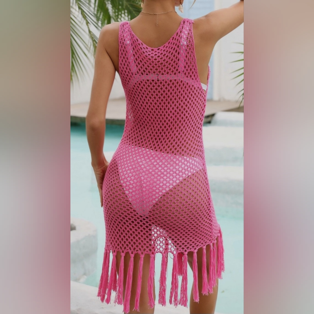 Bright Pink Crochet Coverup/Beach Dress w/ Fringe Hem detail/New Boutique Item